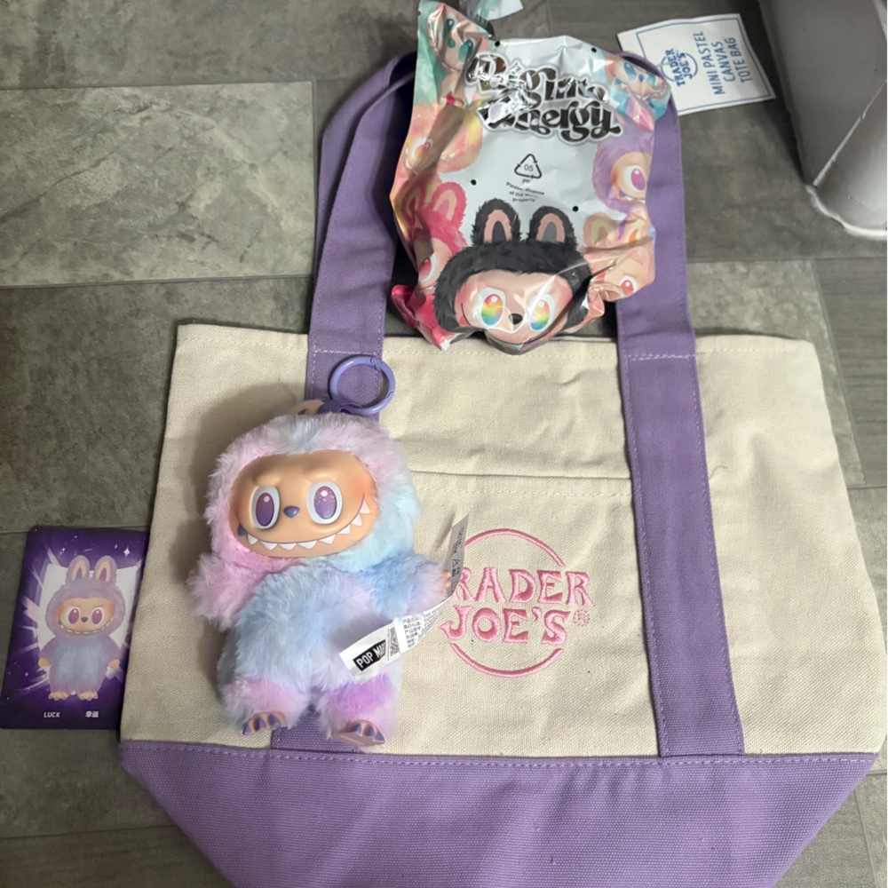 Trader Joe’s mini canvas tote bag purple and big into energy Labubu Luck